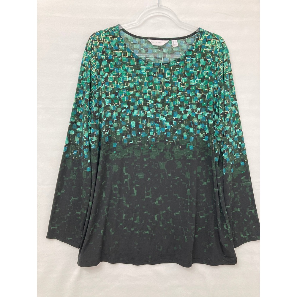Susan Graver Liquid Knit Top 1X Green Mosaic Long Sleeve Stretch Comfy